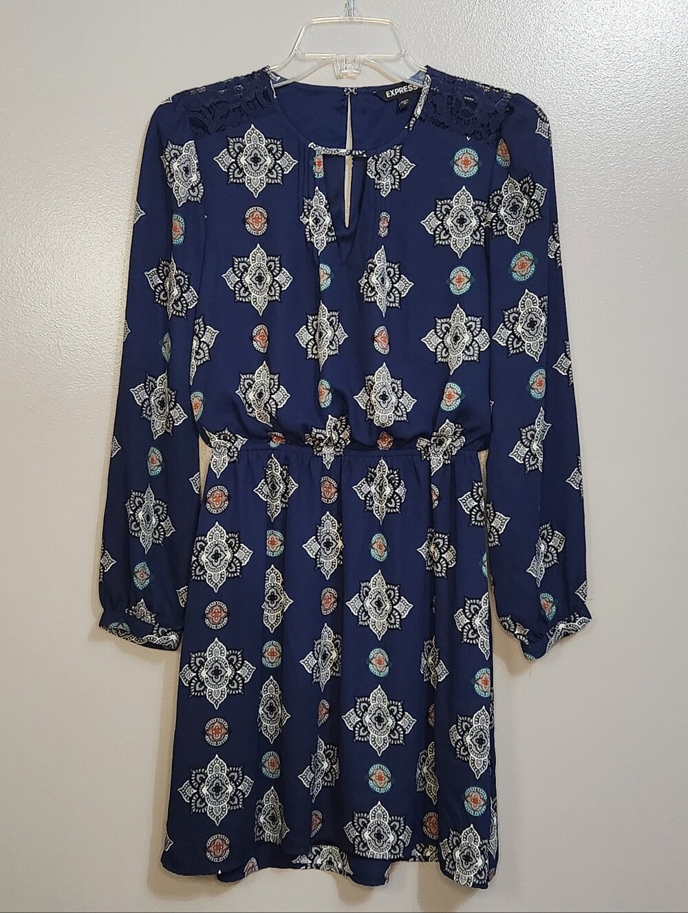 Express Navy Blue Printed Long Sleeve Dress Size Small